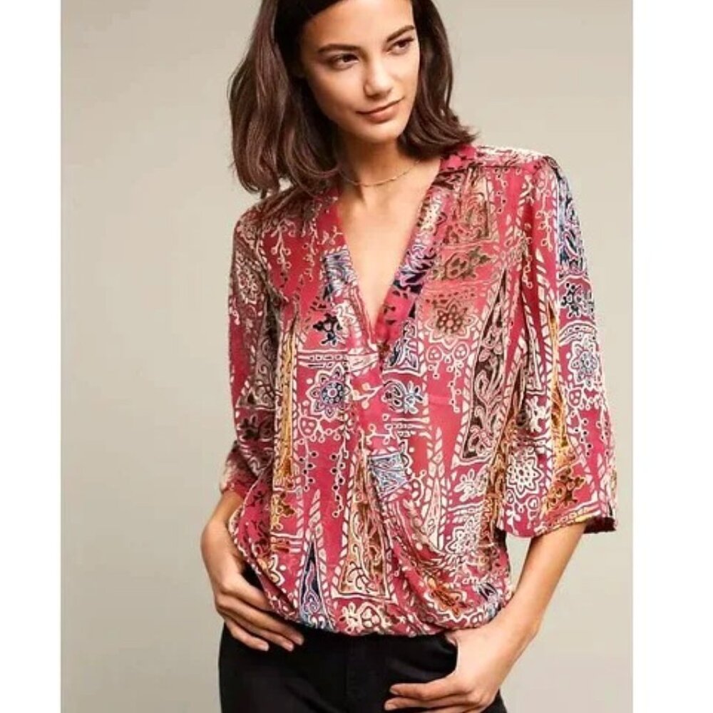 Anthropologie Rose-Pink Paisley Wrap Blouse